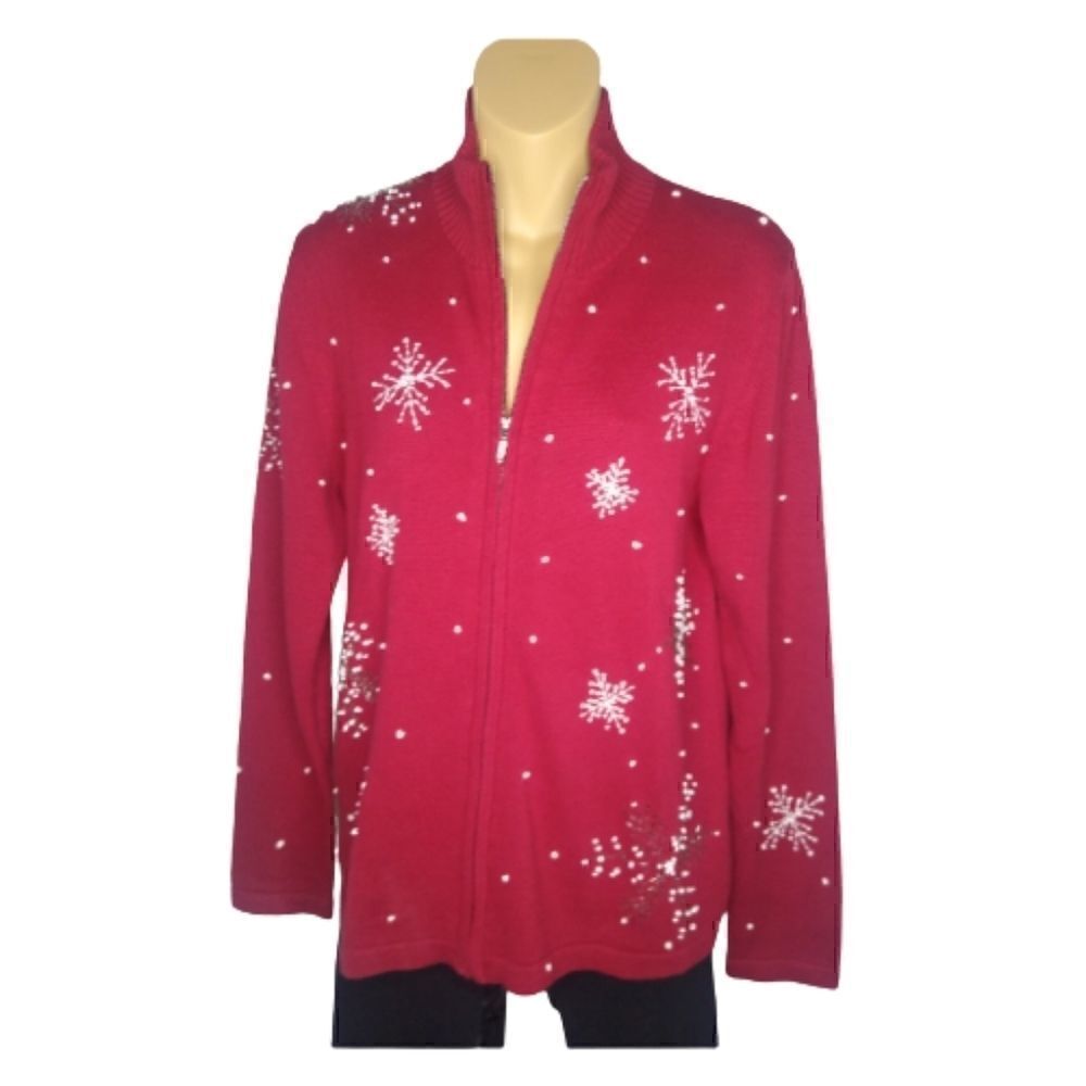 Norm Thompson Red Zip Up Cotton With Embroidered & Beaded Snowflakes SZ Small
